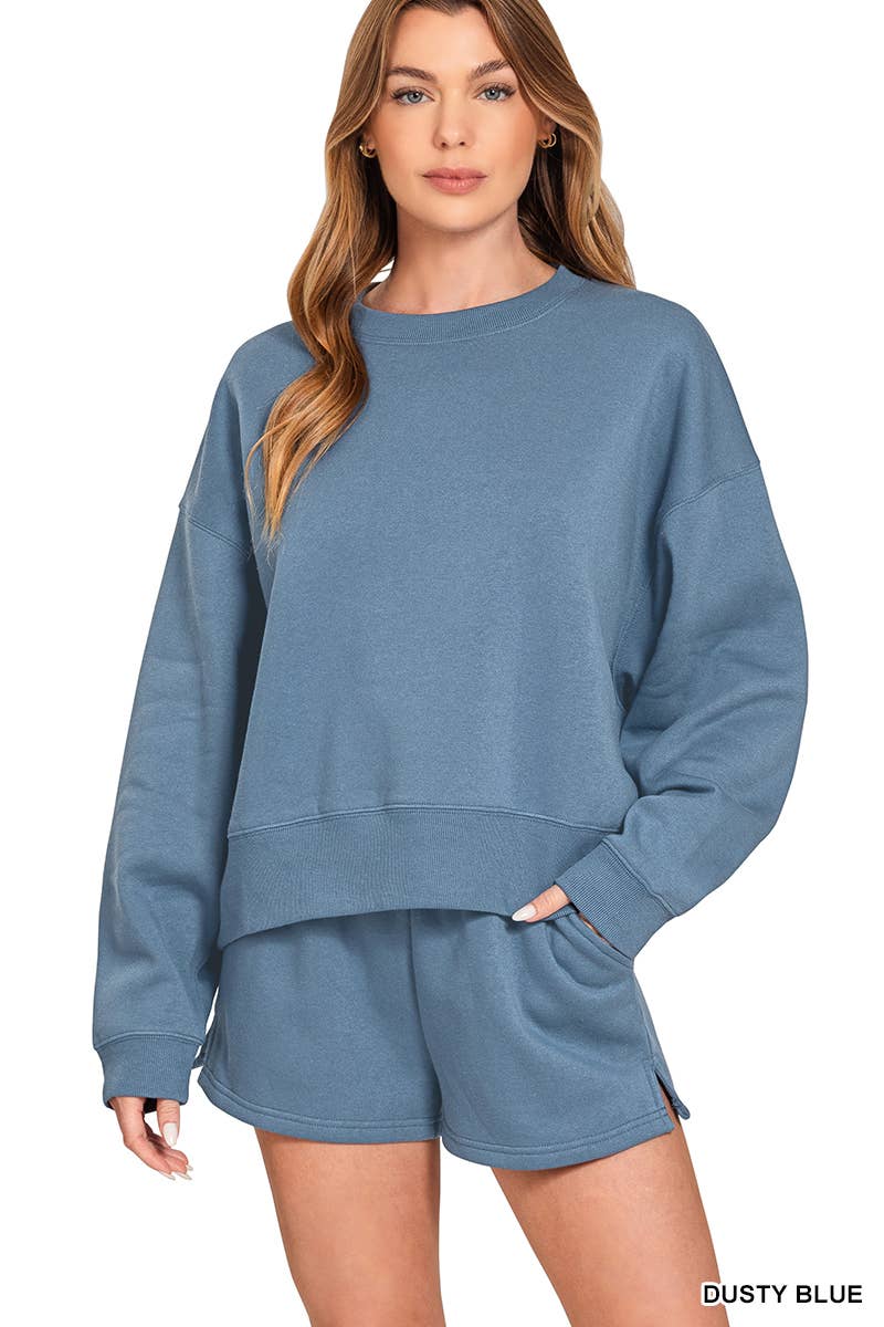Fleece Round Neck Pullover And Shorts Set