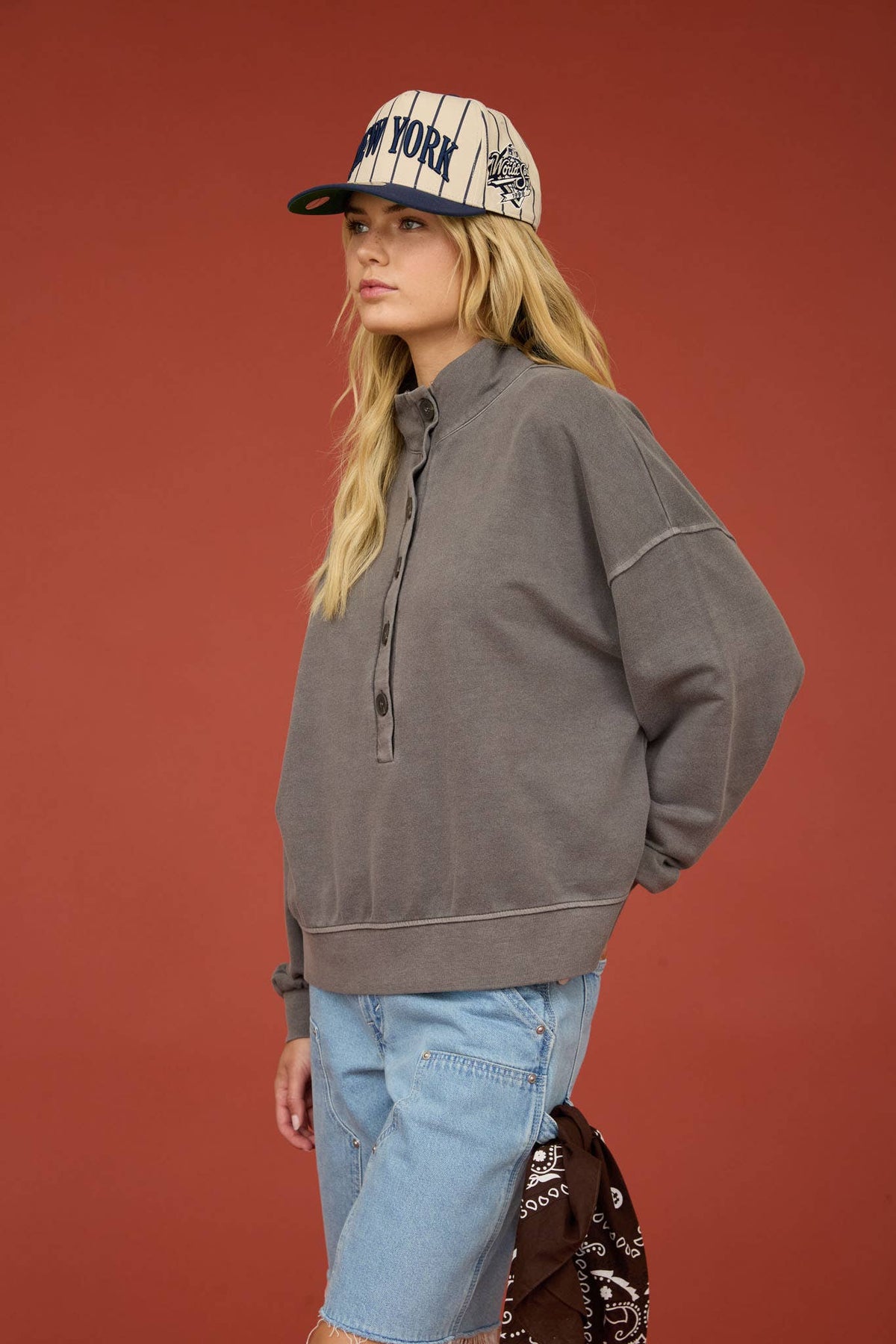 MOCK NECK HENLEY LONG SLEEVE KNIT TOP