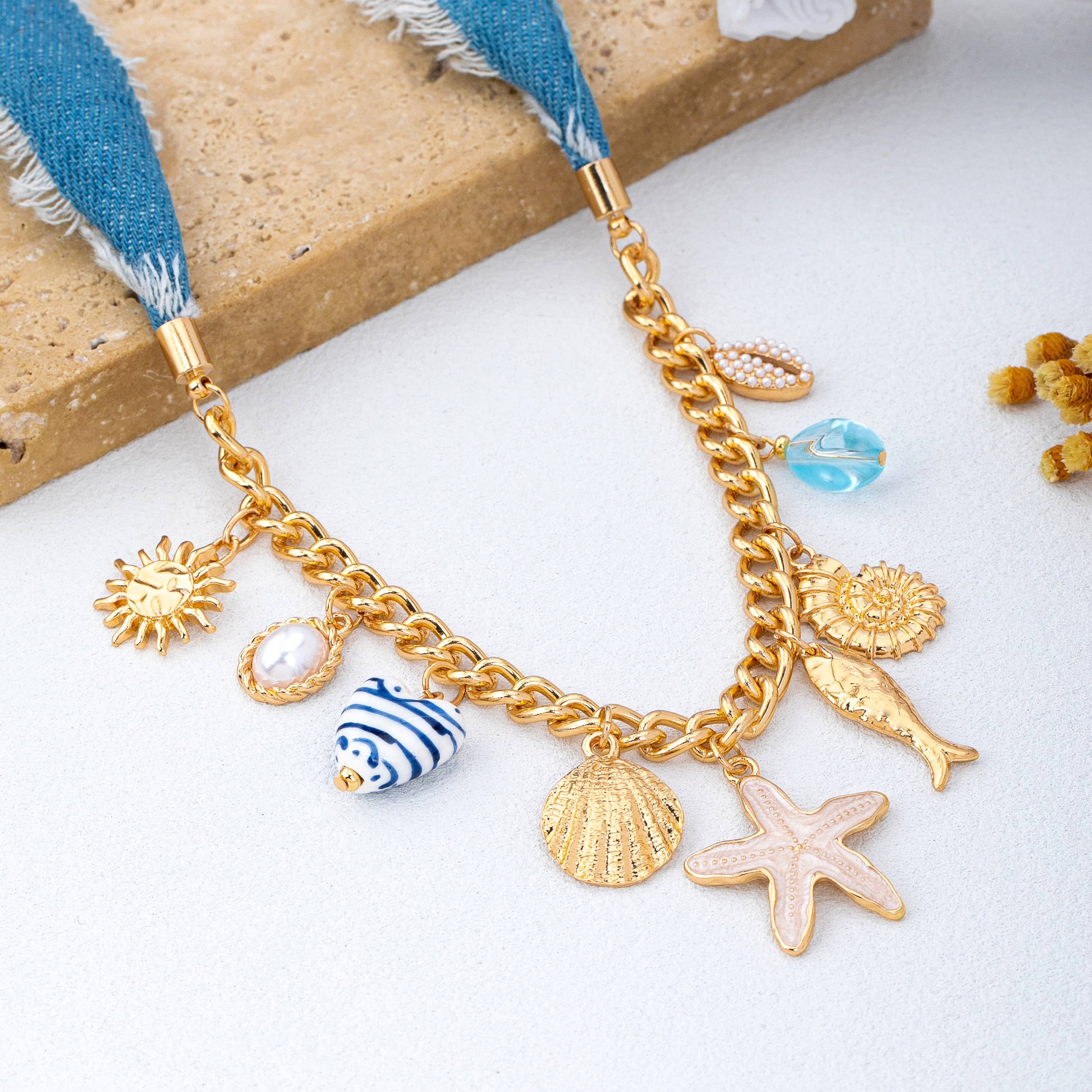 Sea Life Multi Charm- Boho Coastal Denim Necklace | 80N93111