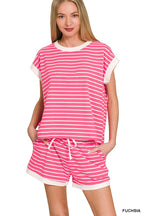 Stripe Contrast Trim Top & Shorts Set