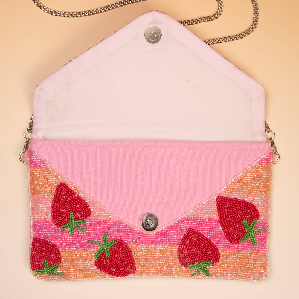 Handmade Seed Bead Strawberry Clutch with Detachable Chain