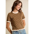 POLKA DOT RUFFLED SHORT SLEEVES SWEATER KNIT TOP