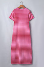 Striped Short Sleeve Scalloped Trim Side Slit Dress (S-XL)