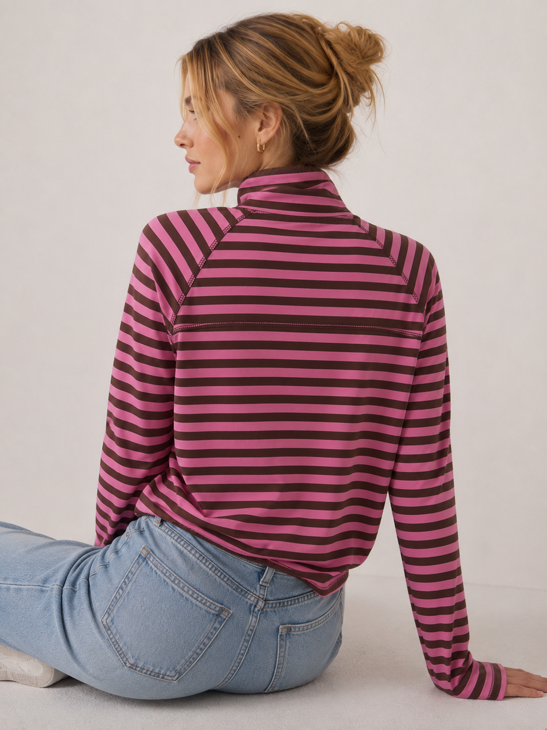 8645IN Mock Neck Yarn-Dyed Striped Oversized Long Sleeve Tee