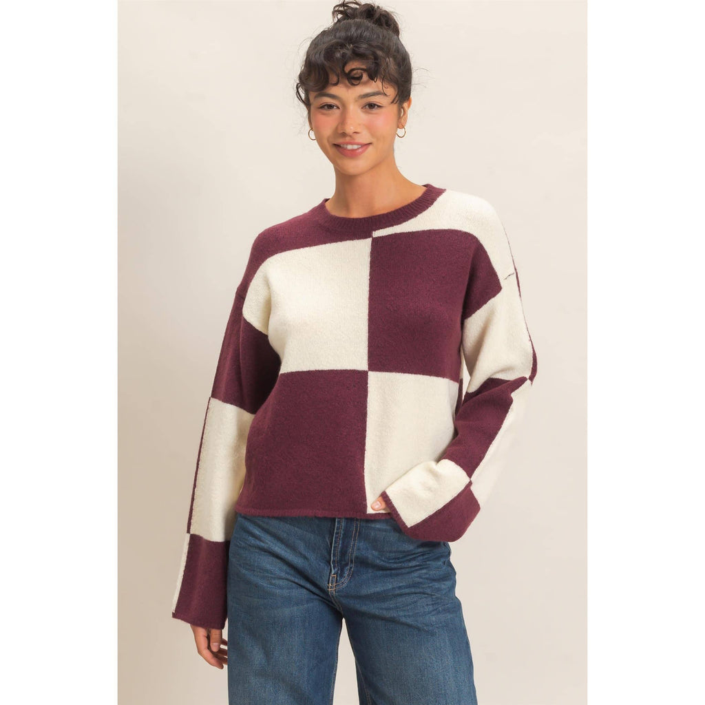 Crew Neck Checkered Sweater