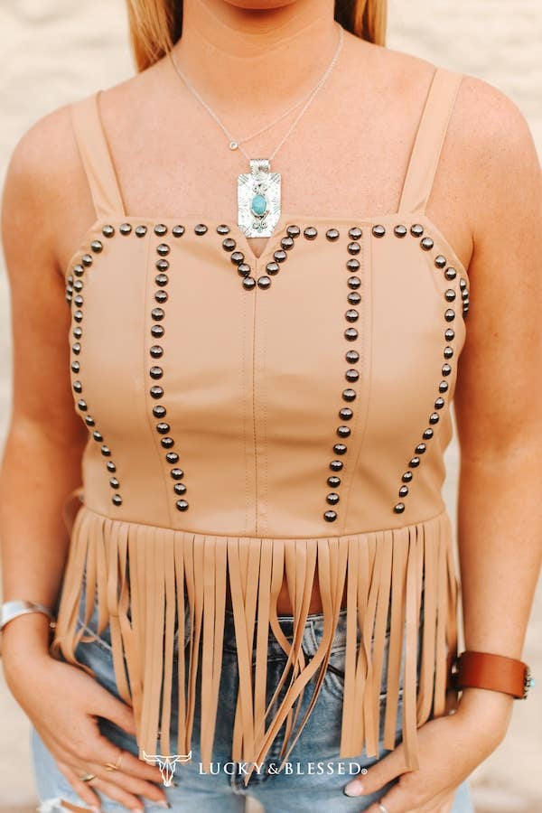 Sand Leather Vintage Studded Fringe Hem Corset Top