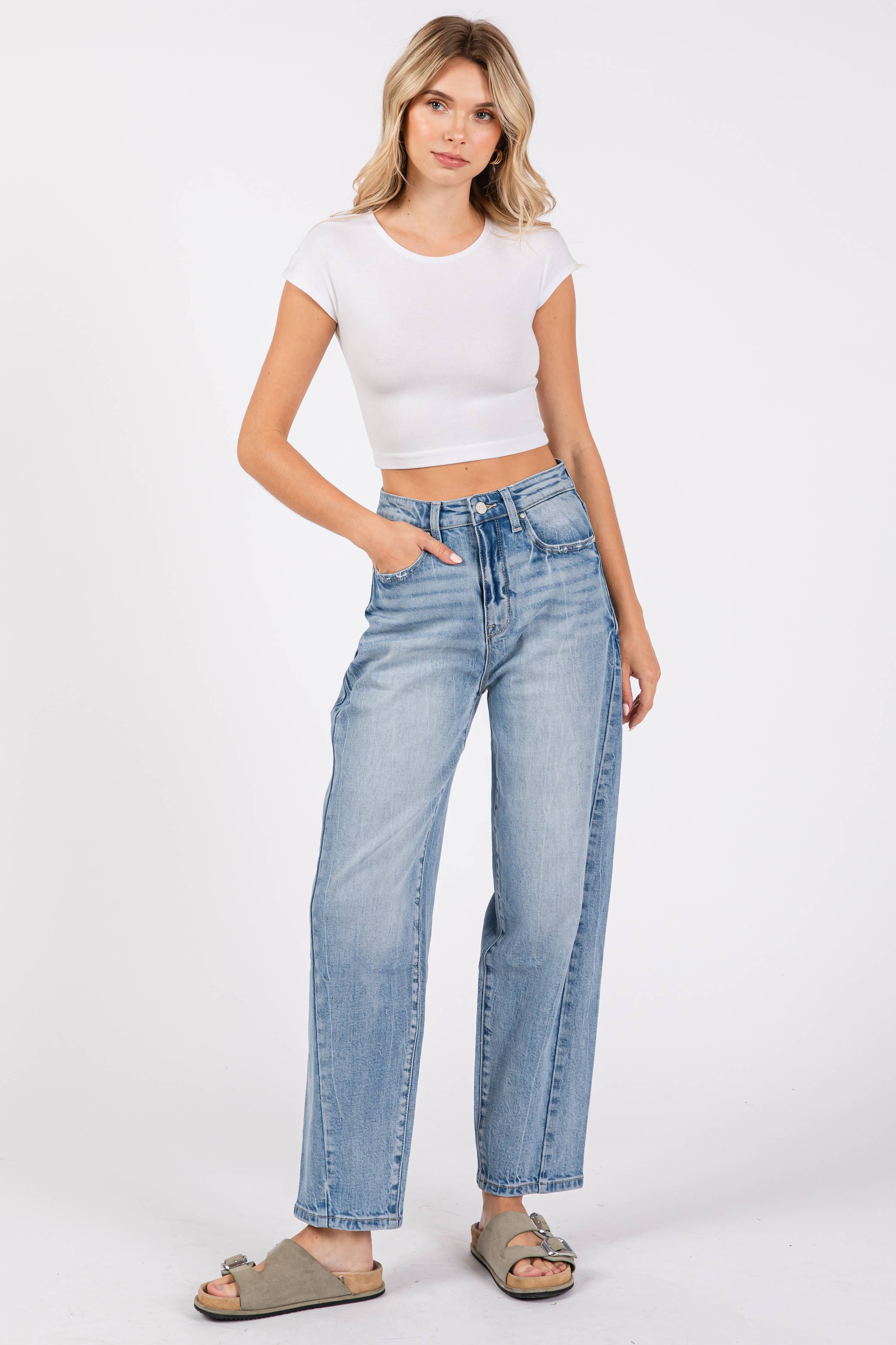P1305X-LM SIDE SEAM DETAILING HIGH RISE COMFORT BARREL JEANS