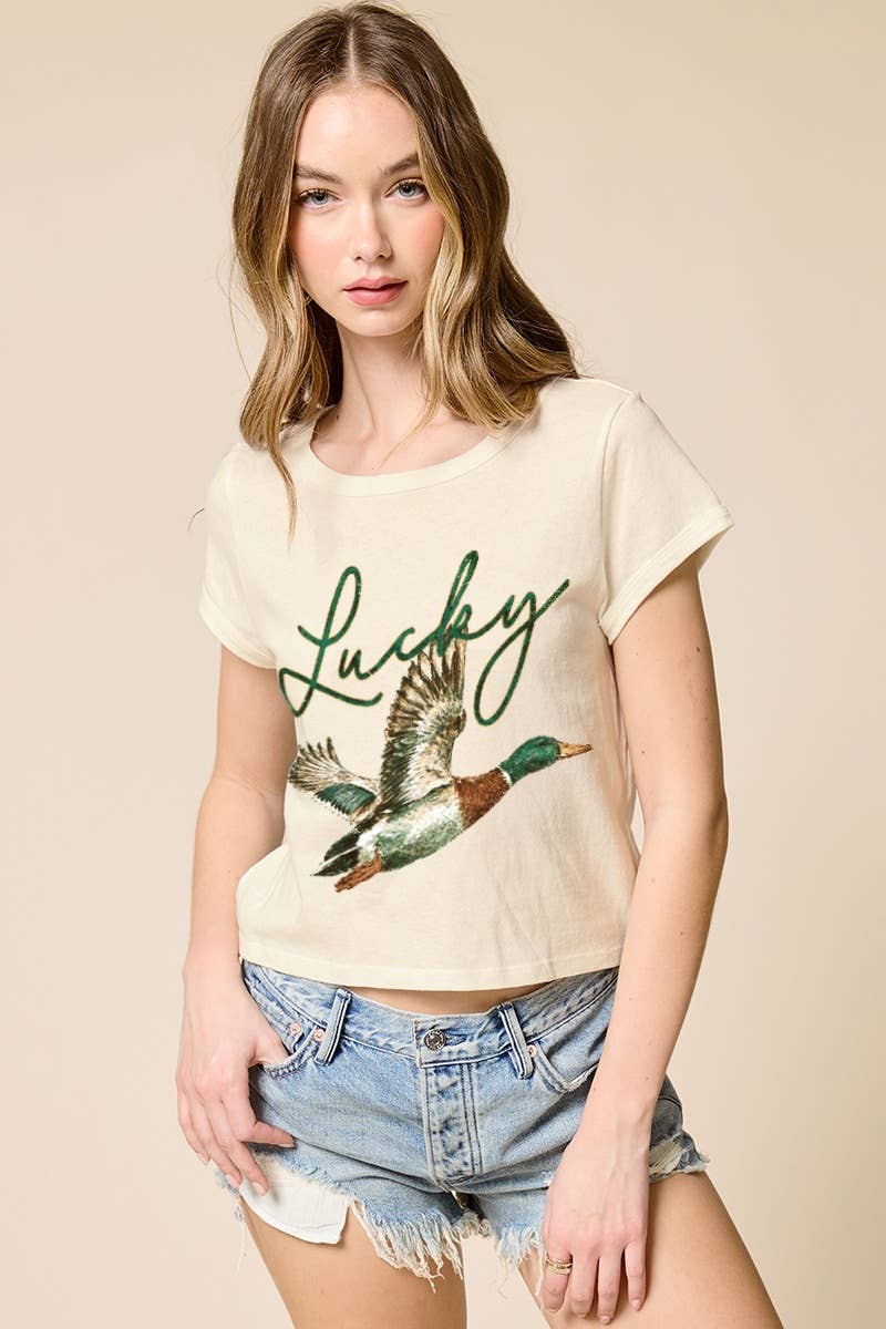 Lucky Ducky Mallard Graphic Potassium Spray Faux Crop Tee