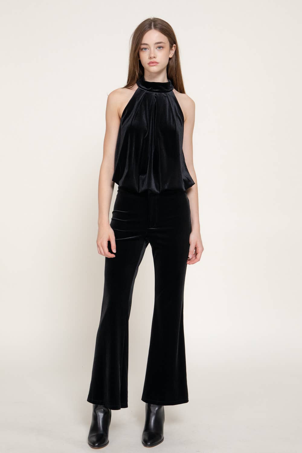 Halter Neck Shirred Hem with Inner Elastic Velvet Top