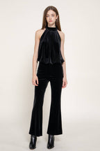 Halter Neck Shirred Hem with Inner Elastic Velvet Top
