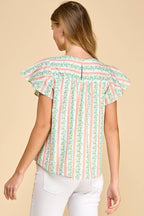 CT8860-Floral Striped Round Neck Ruffle Sleeves Top