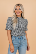 PRETTY BASH Gingham Plaid Frilled Neck Blouse