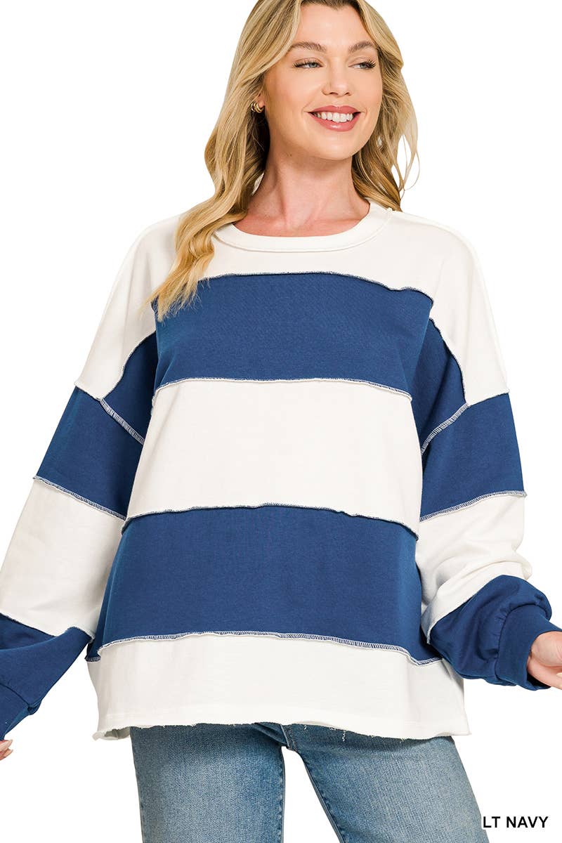 French Terry Color Block Exposed Seam Oversized Top