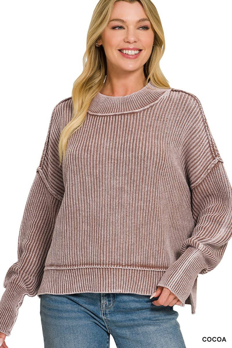 Washed Side Slit Oversized Cropped Sweater
