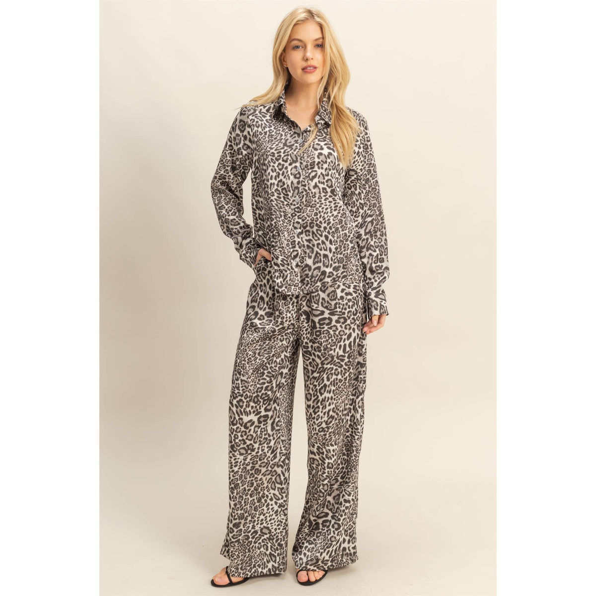 Leopard Print Tie-Waist Shirt And Pants Jumpsuit