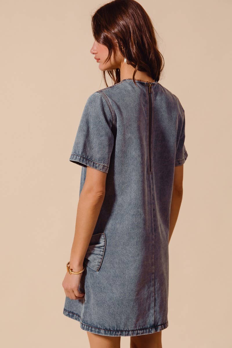 Bow Ribbon Knot Applique Denim Mini Dress