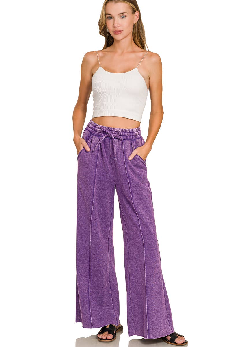 Acid Washed Fleece Pintuck Wide Leg Pants w/ Pockets