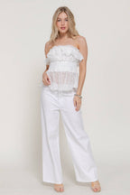 Waist Smocking & Ruffle Detail Stretch lace Tue Top