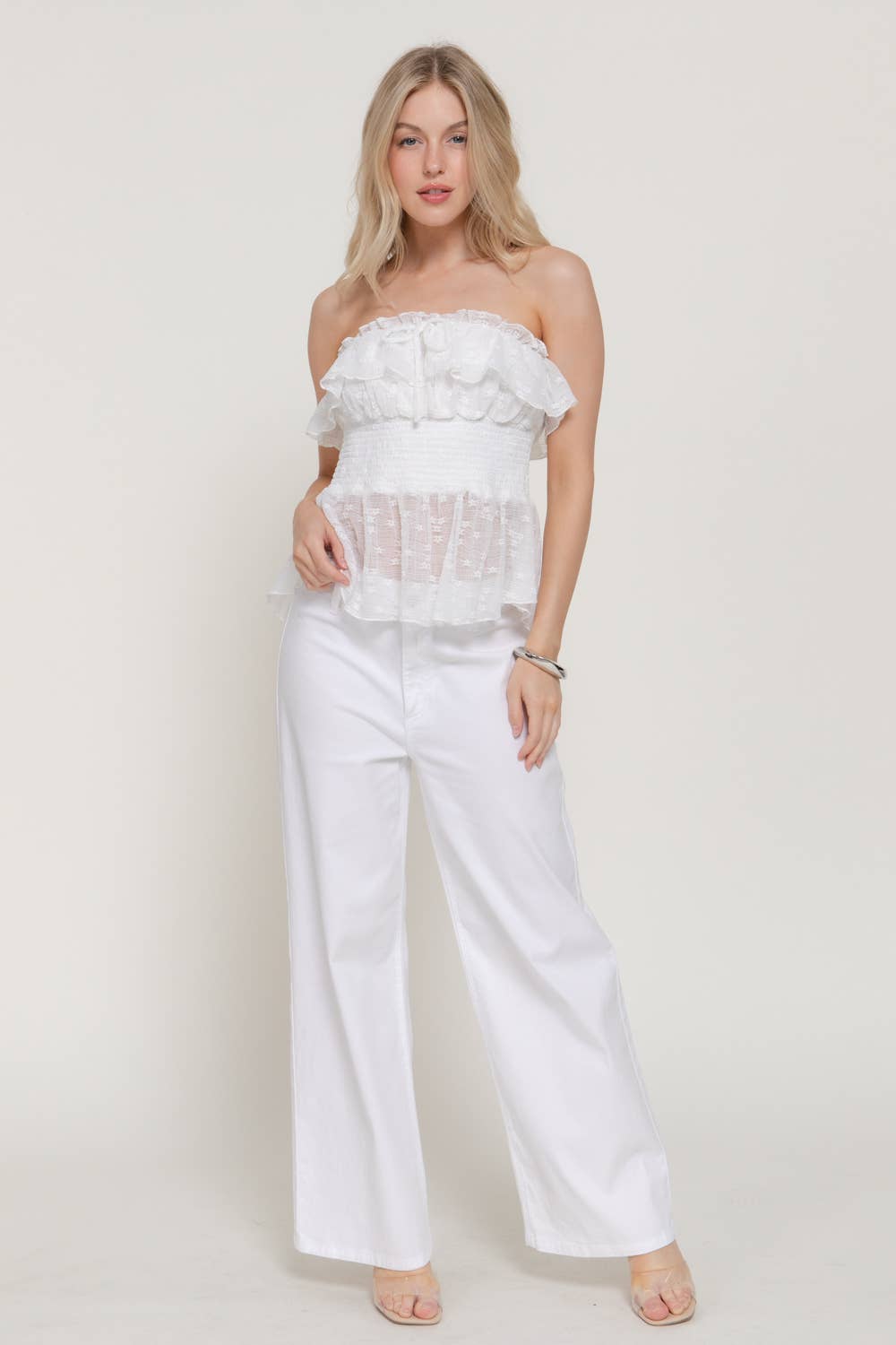 Waist Smocking & Ruffle Detail Stretch lace Tue Top