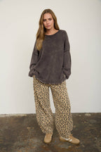 WASHED RAW EDGE CREW NECK DROP SLEEVE SWEATER