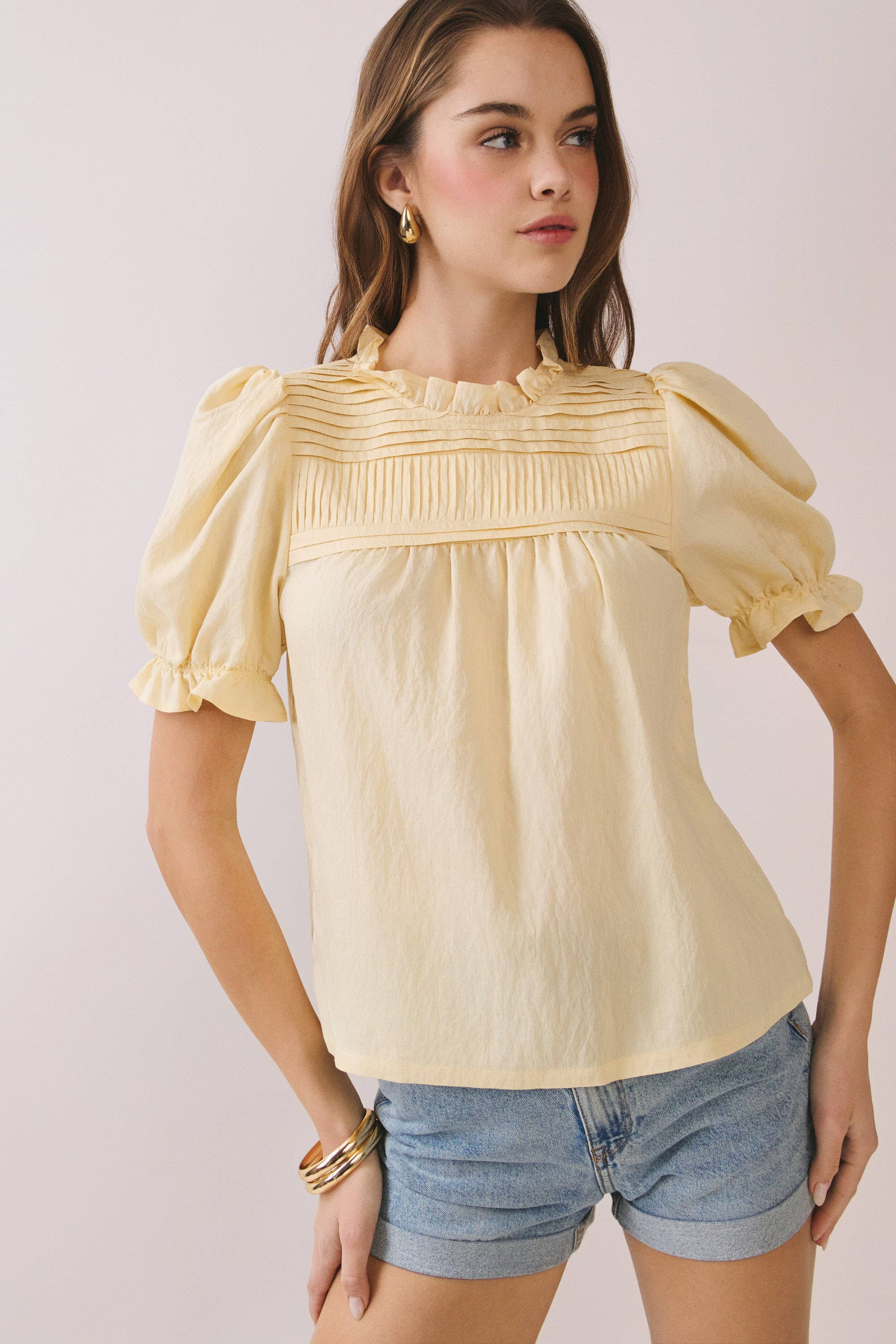 CT9787-Pleated Yoke Detail Ruffled Neckline Blouse