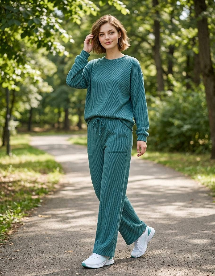 Raised Rib Round Neck Pullover & Pants 2PC Set