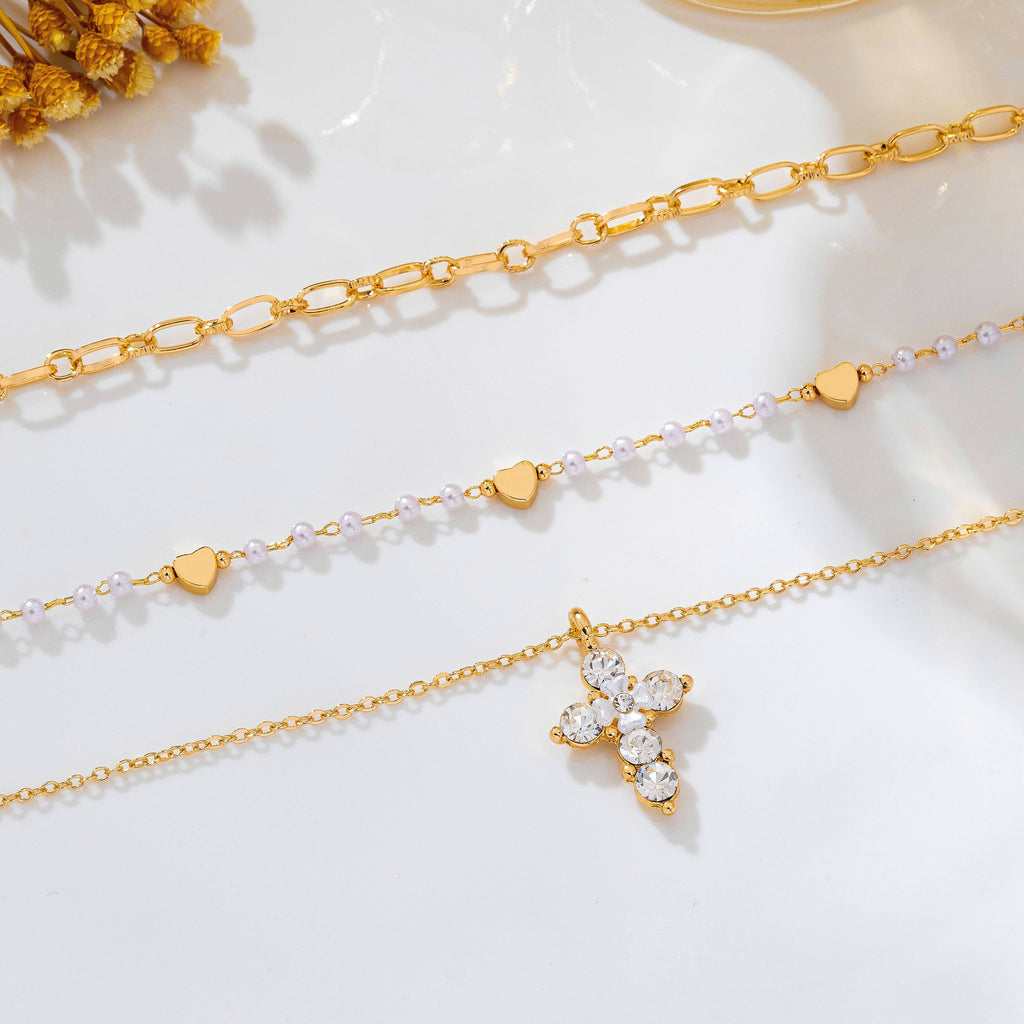 Multi-Strand Pearl & Crystal Cross Necklace | 80N93302