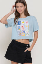 Short Sleeve Round Neck Print Knit Crop Top