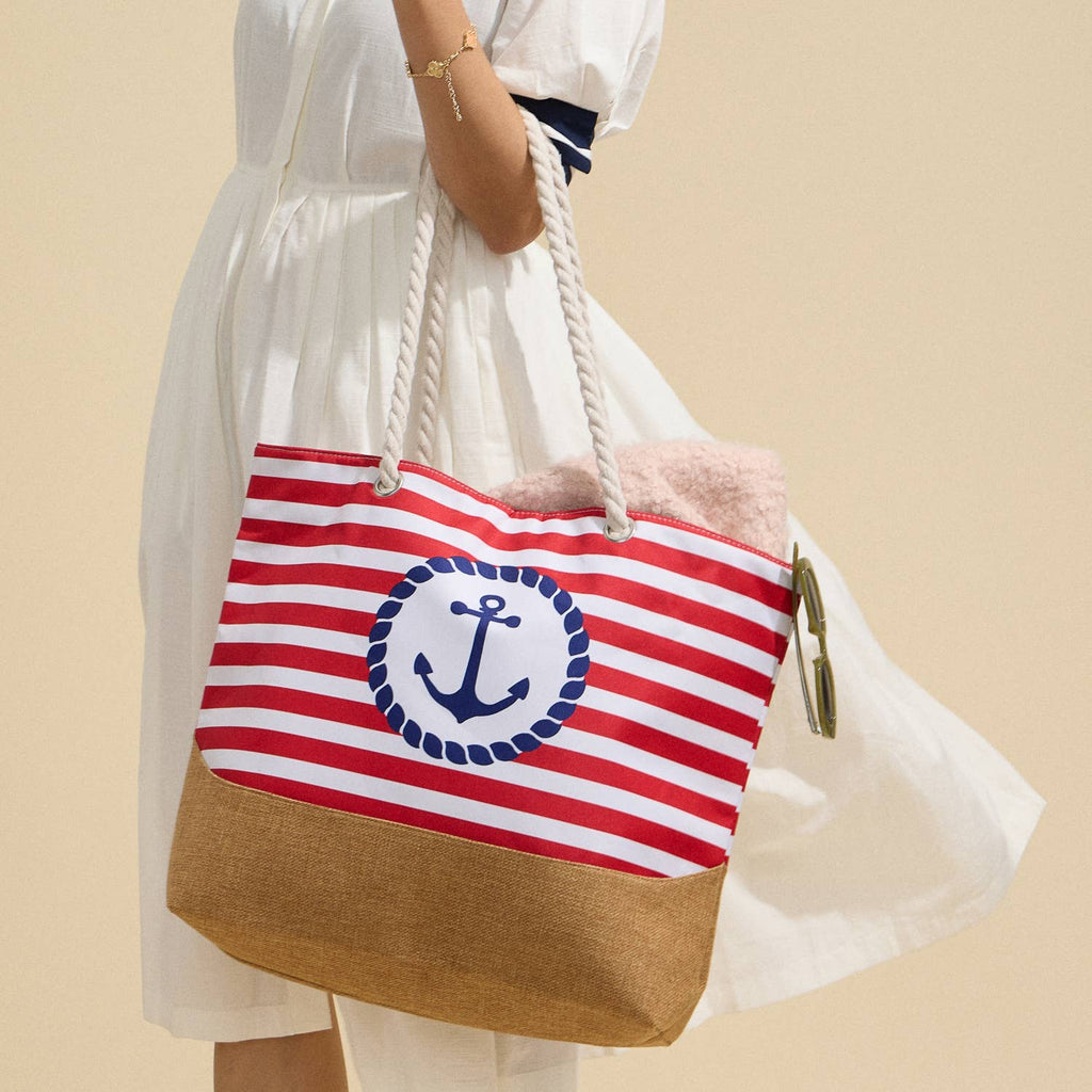 Coastal Chic | Nautical Anchor and Stripe Beach Tote