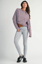 8645IN Mock Neck Yarn-Dyed Striped Oversized Long Sleeve Tee