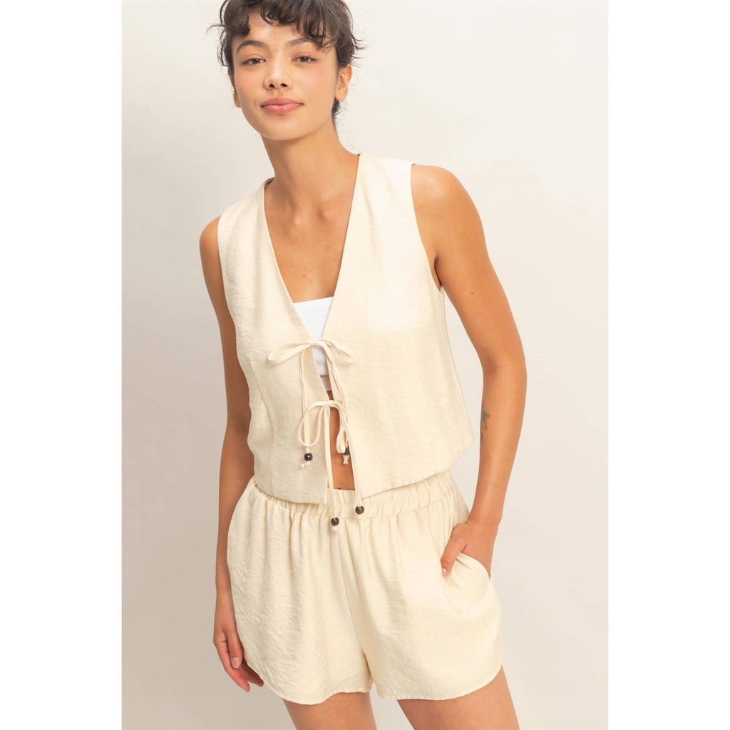 Sleeveless Tie-Front Vest And Elastic Waist Shorts Set