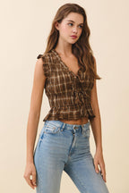 CT9661-Plaid Ruched Smocked Bodice Sleeveless Top