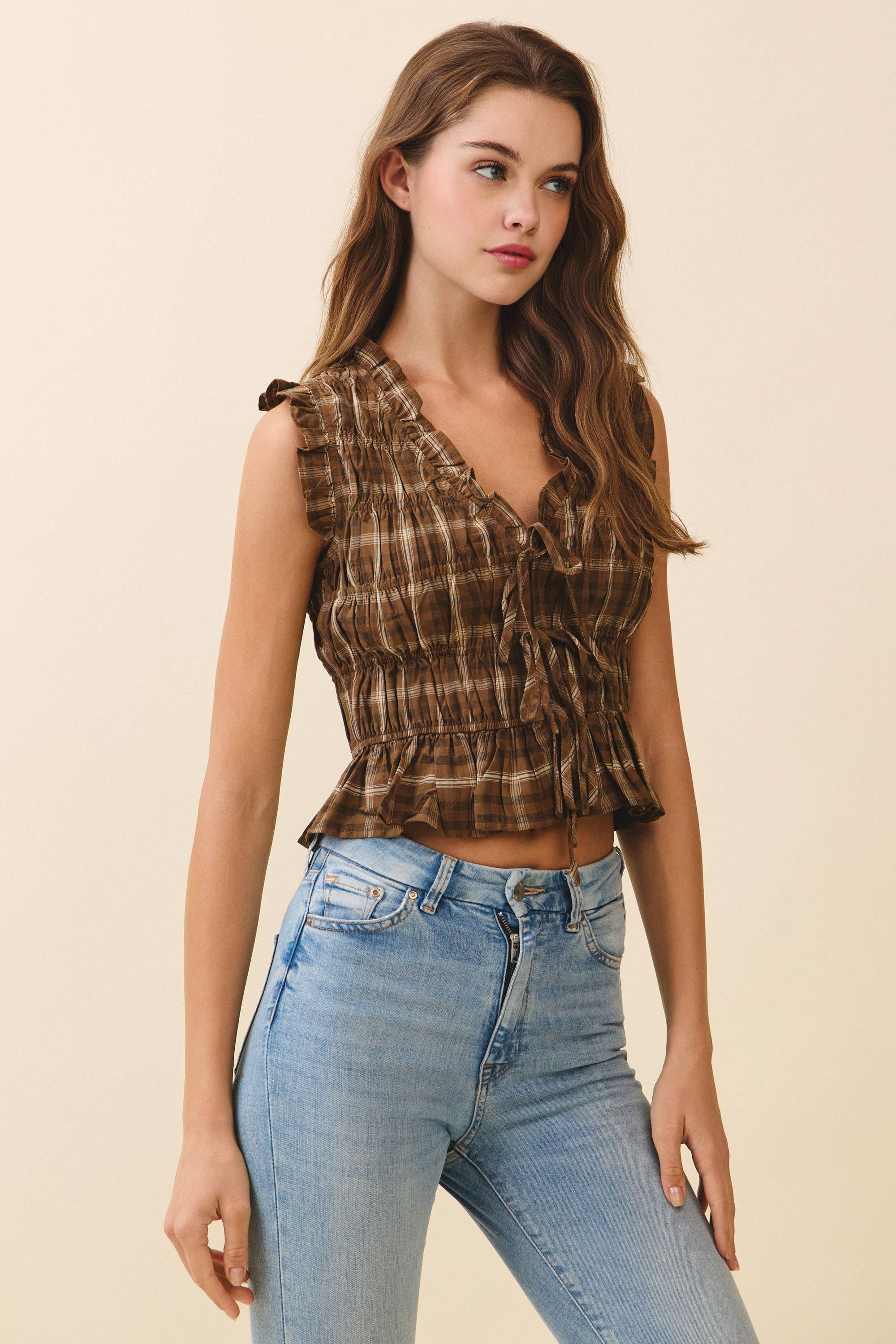 CT9661-Plaid Ruched Smocked Bodice Sleeveless Top