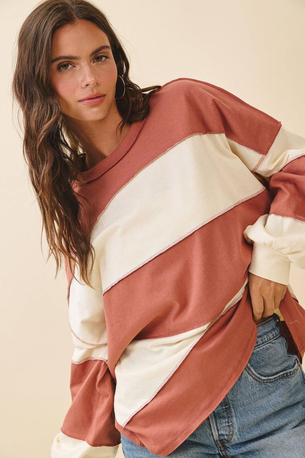 8551GN Contrast Panel Long Sleeve Slouchy Pullover 1