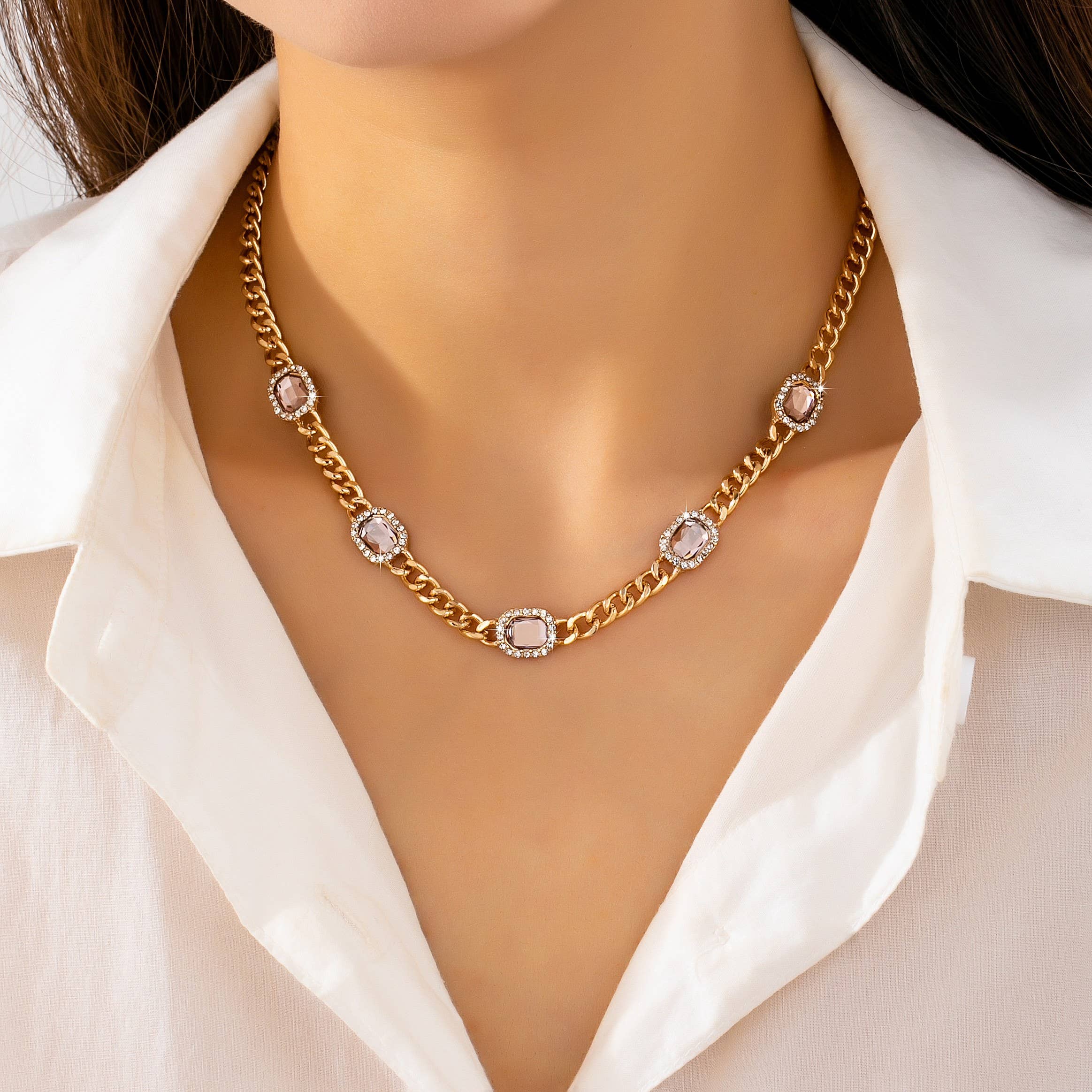 Soft Pink Crystal Station Statement Necklace | 80N93382