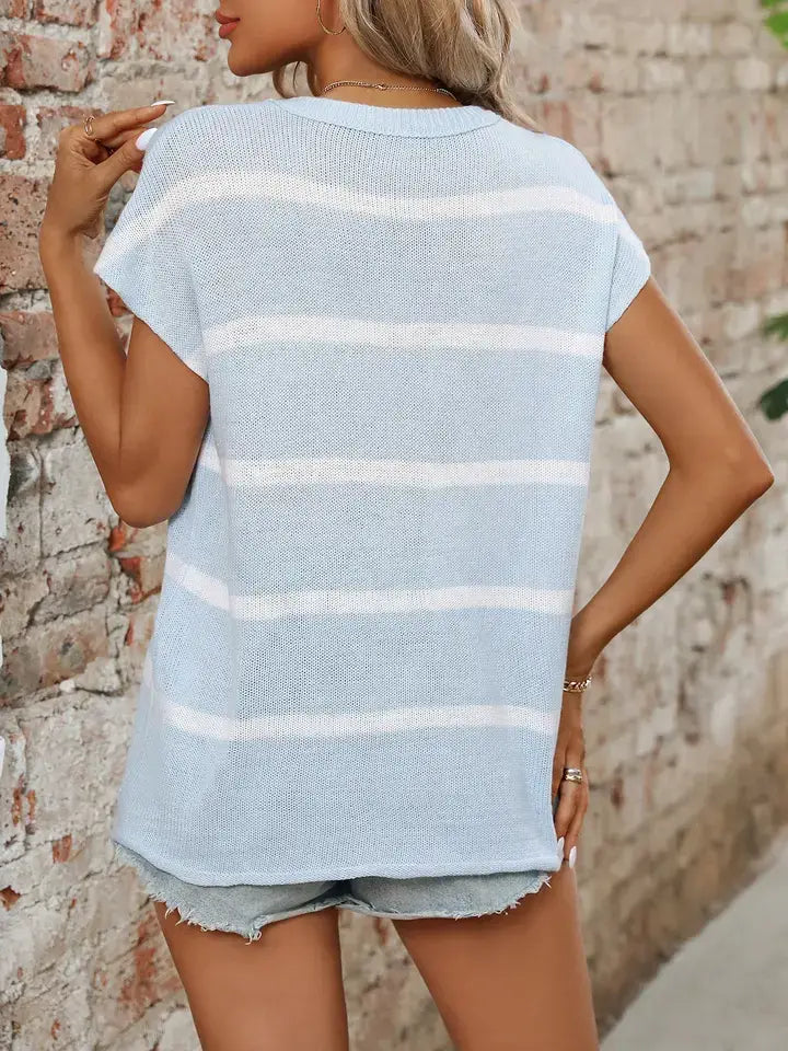 Striped Short Sleeve Knit Sweater Casual Summer Top