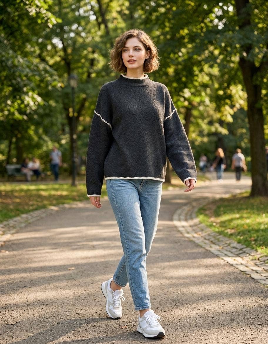 Stitch Detailed Mock Neck Sweater