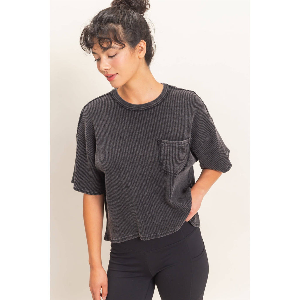 Mineral Wash Waffle Knit Pocket Top