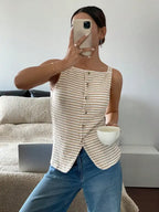 Striped Knit Tank Button Front Sleeveless Casual Summer Top