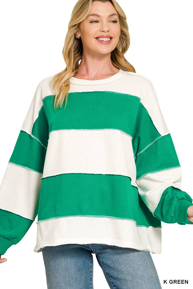 French Terry Color Block Exposed Seam Oversized Top