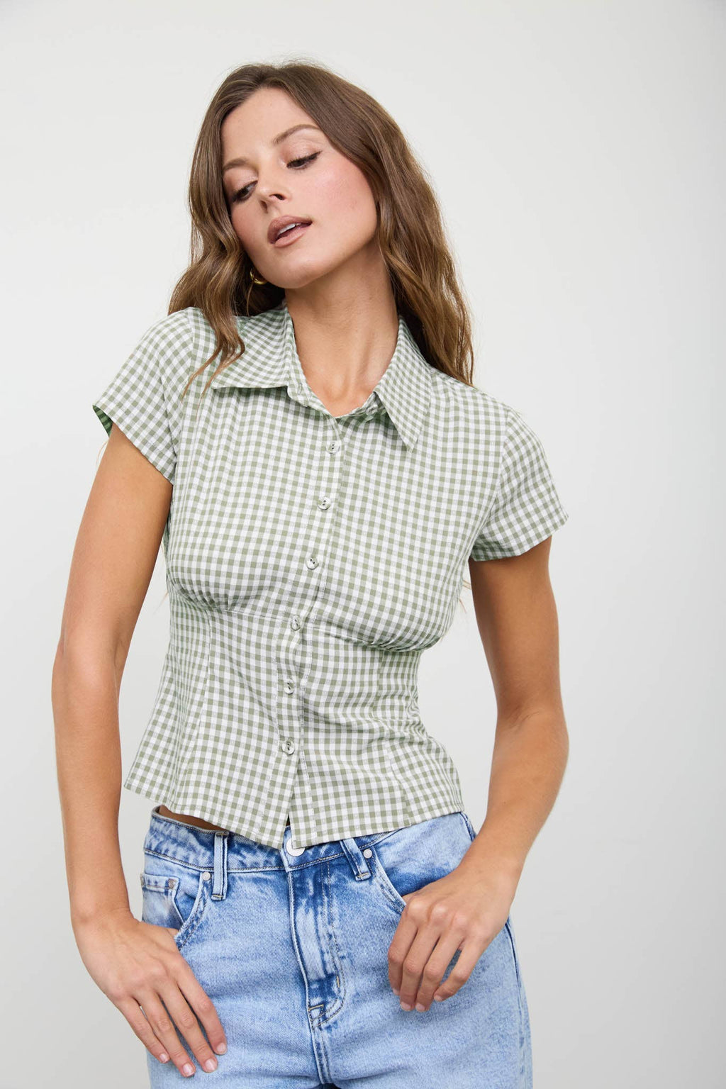 GINGHAM COLLARED SHORT SLEEVE CONTOURED TOP