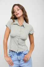 GINGHAM COLLARED SHORT SLEEVE CONTOURED TOP