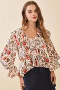 CT9624-Floral Print Tiered Ruffle layer Scoop Neck Top