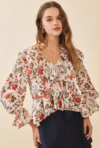 CT9624-Floral Print Tiered Ruffle layer Scoop Neck Top