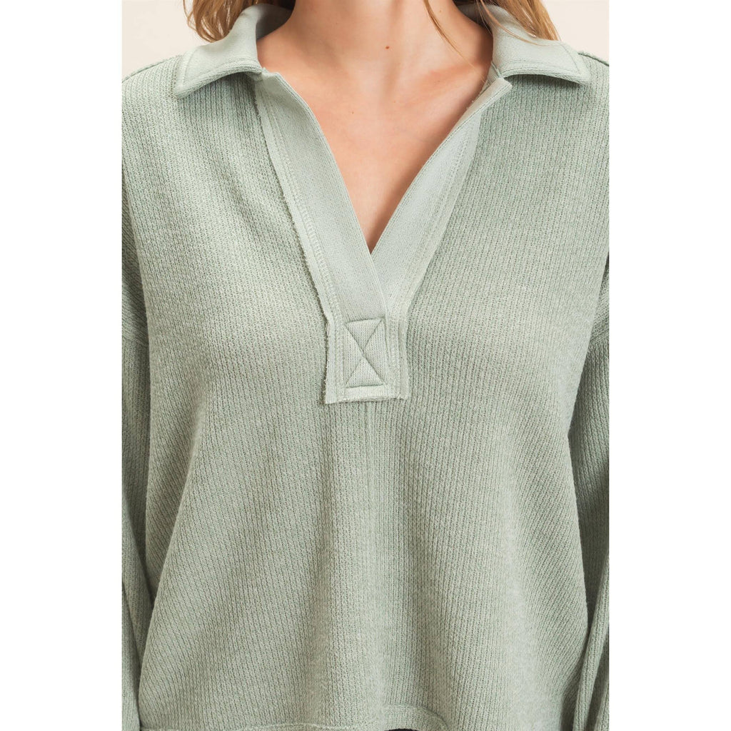 Ribbed Collared Pullover Top