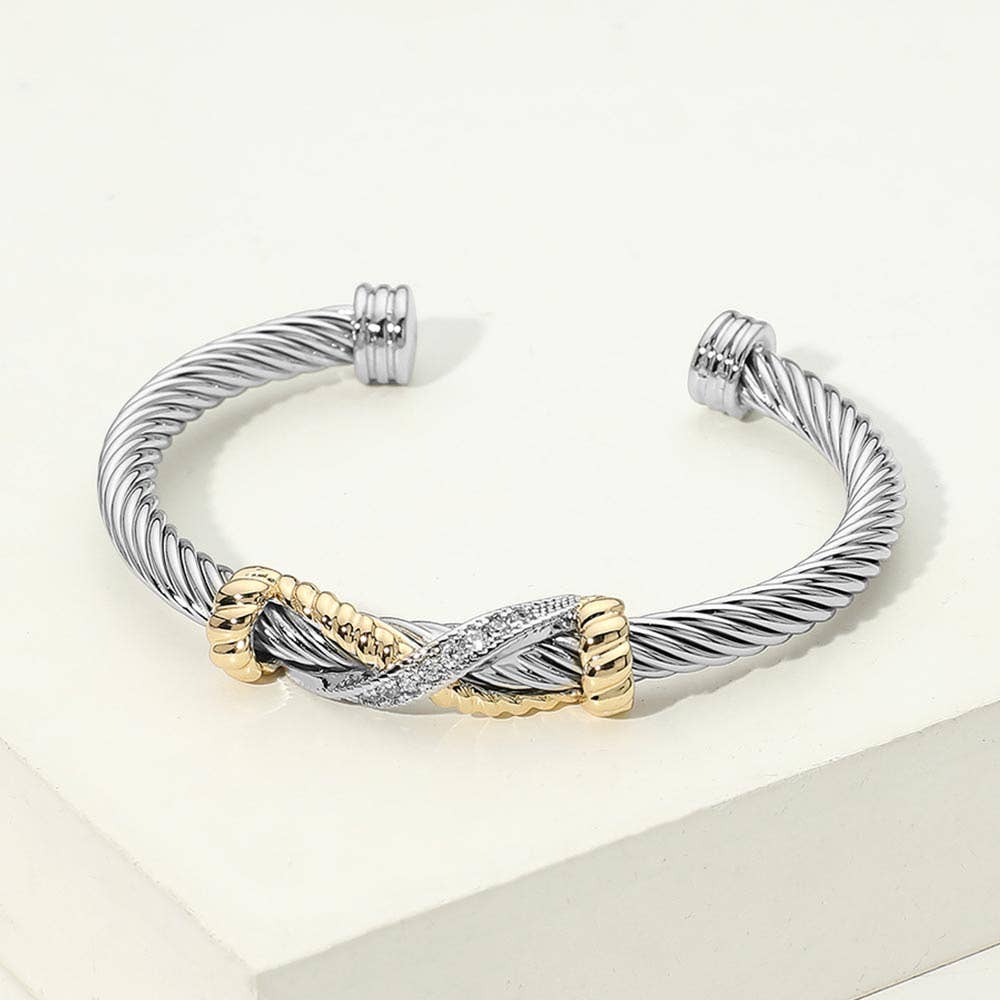 14K Gold Plated Two Tone CZ Pave Infinity Accent Twisted Cuff Bracelet