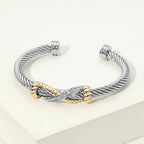 14K Gold Plated Two Tone CZ Pave Infinity Accent Twisted Cuff Bracelet