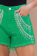 17519P - Sprinkle Gem Double Rhinestone Fringe Denim Shorts
