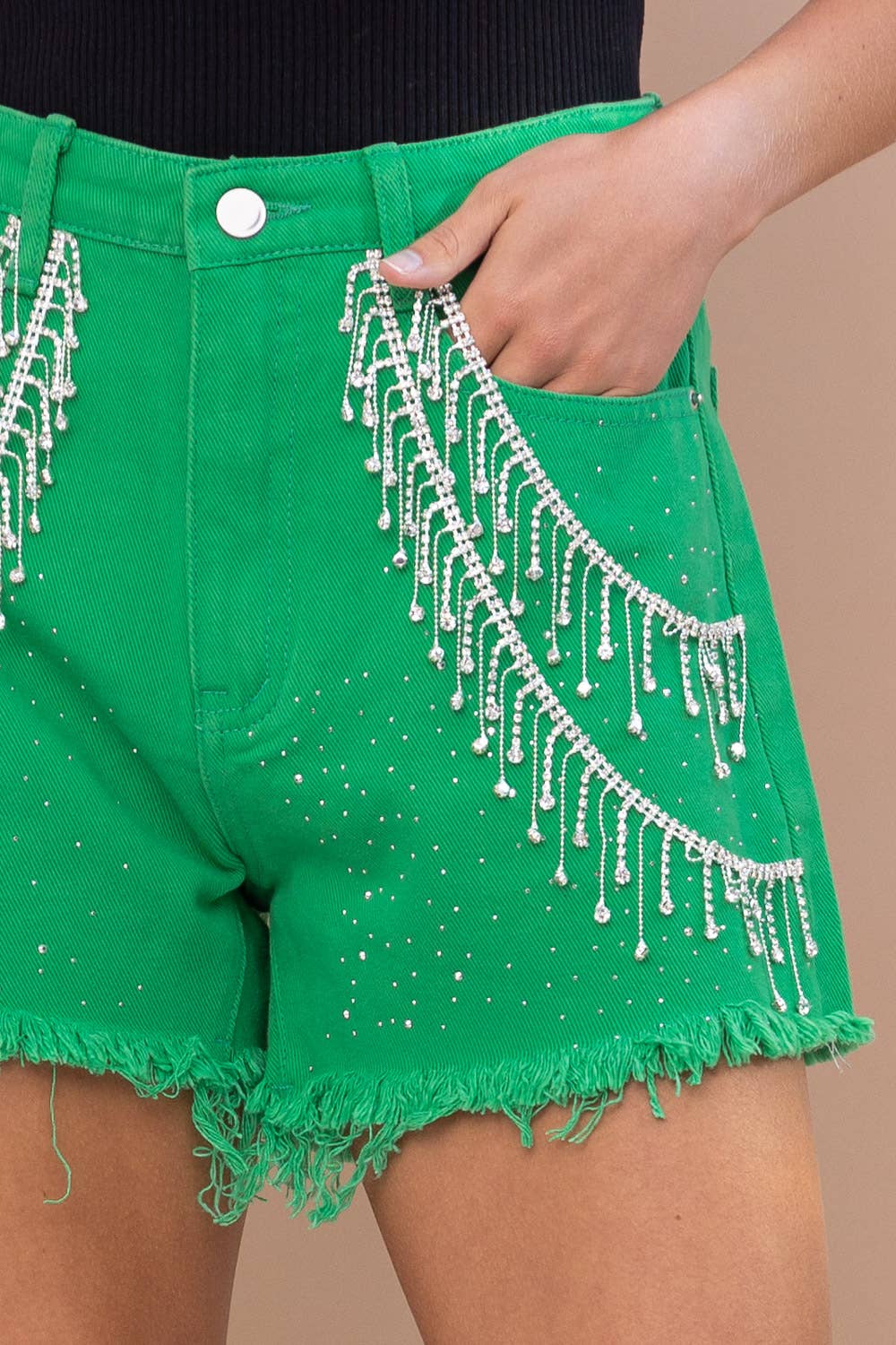 17519P - Sprinkle Gem Double Rhinestone Fringe Denim Shorts
