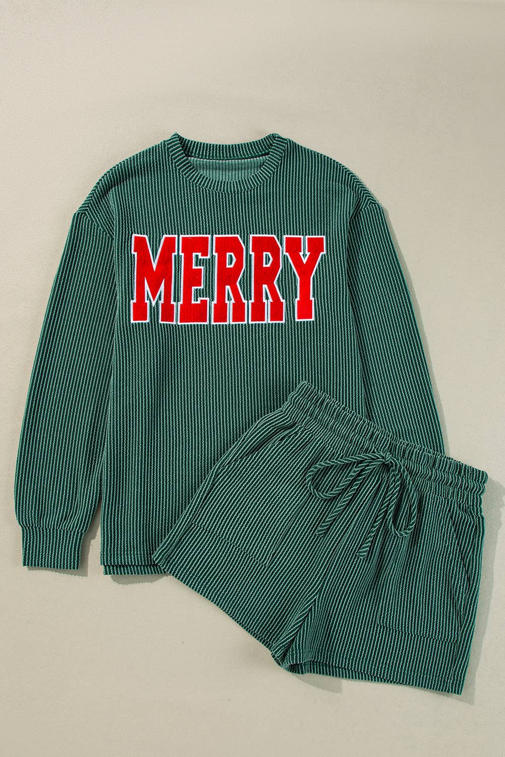Merry Ribbed Long Sleeve Top and Shorts Set